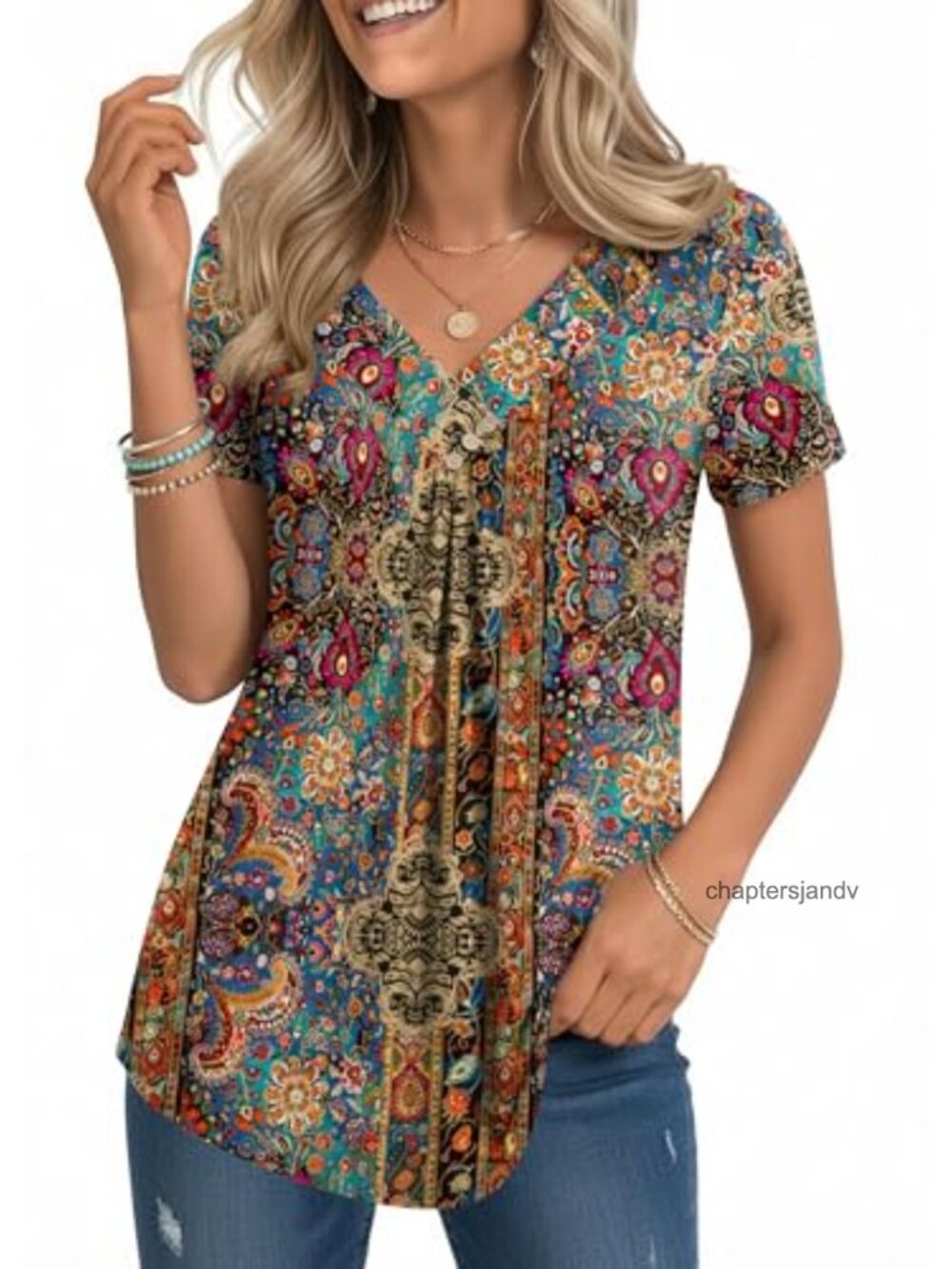 Zeagoo V-Neck Short Sleeve Pleated Tunic Top Women Casual Blouse